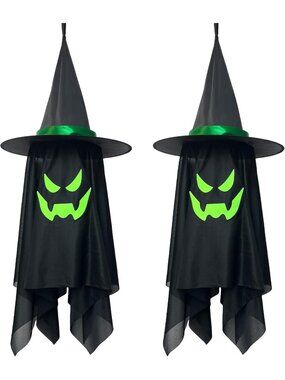 🎃Spooky Green 2 Pack Halloween Hanging Floating Witch Hats Decor w/ Ghost Veil